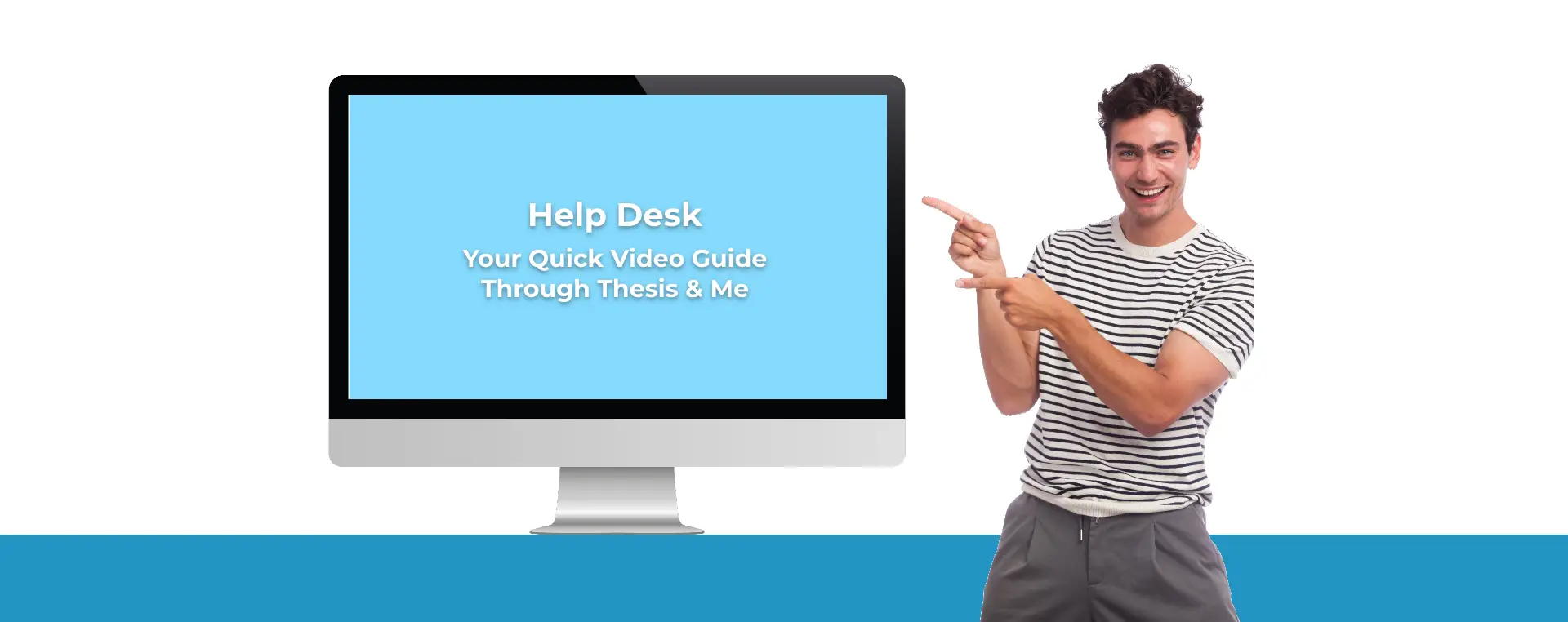 Young man pointing to help desk blue screen with right hand Young man pointing to help desk screen