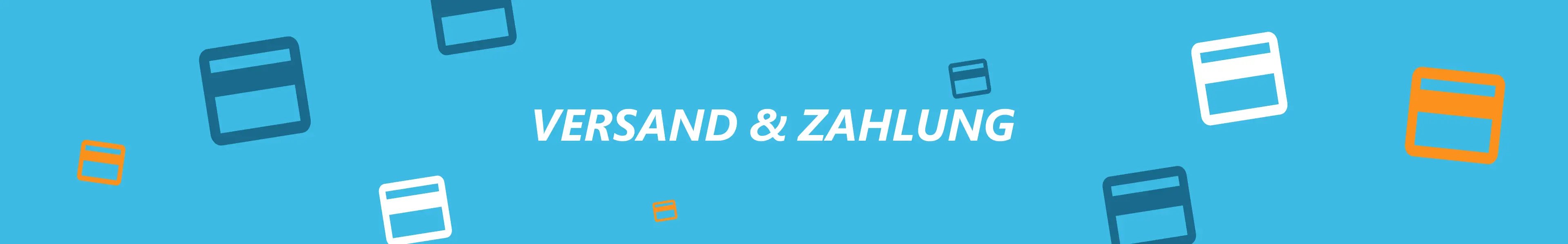 Versand und Zahlung in weissen Buchstaben auf blauem Hintergrund mit umgebenen Briefumschlag-Icons Versand und Zahlung in weisser Schrift auf blauem Untergrund