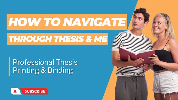 Young male and female hold an open book and looking at the inscription How to navigate through Thesis & Me.
