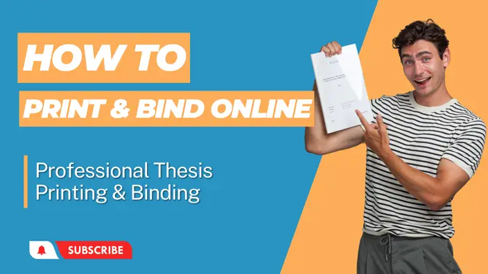 A young cheerful man is showing his thesis and inscription How to print & bind online.