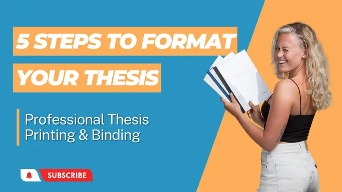 Winking female holds softcover books and inscription 5 steps to format your thesis.