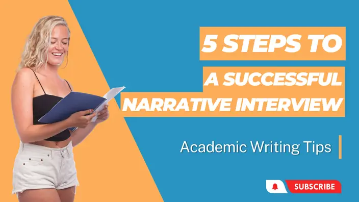 A young female looks into an open book and inscription 5 steps to a successful narrative interview.