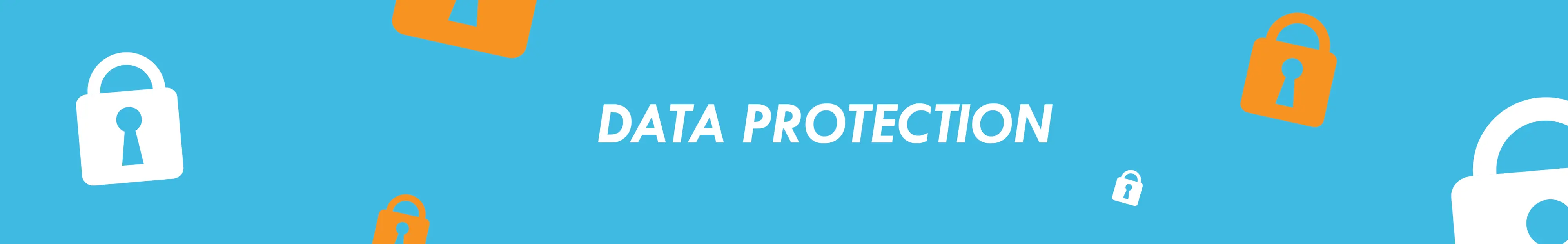 Data protection in white letters on blue background surrounded with safety lock icons Data protection in white font against blue backdrop