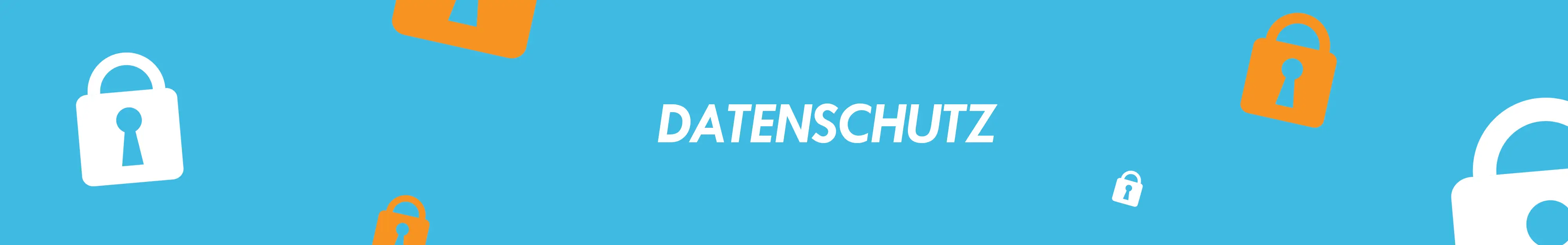 Datenschutz in weissen Buchstaben auf blauem Hintergrund mit umgebenen Sicherheitsschloss-Icons  Datenschutz in weisser Schrift auf blauem Untergrund