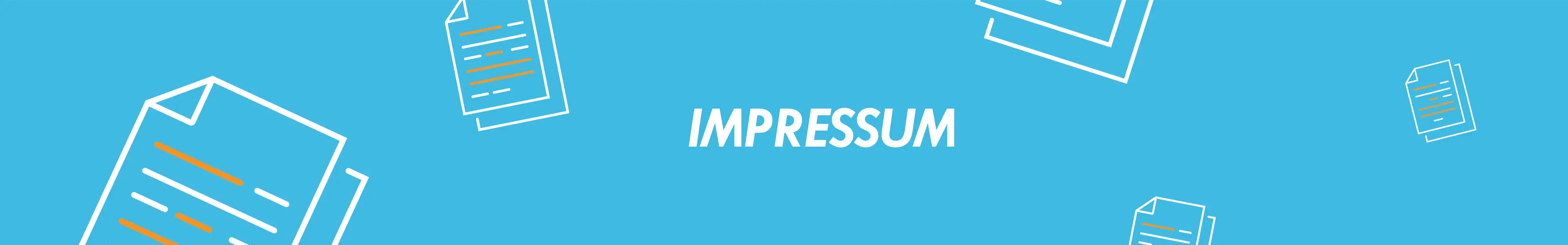 Impressum in weissen Buchstaben auf blauem Hintergrund mit umgebenen Blatt-Icons Impressum in weisser Schrift auf blauem Untergrund
