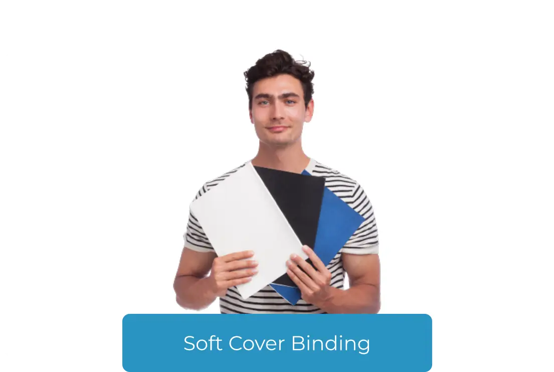 Young guy showing three bindings in soft cover in different colors