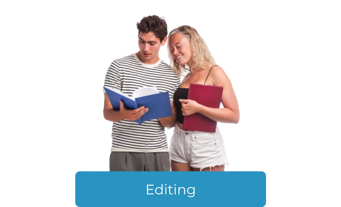 A young woman and man stand side by and look at an open blue book