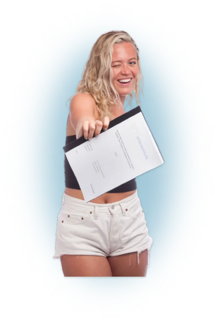 A young winking woman is showing her thesis bound in a transparent softcover.