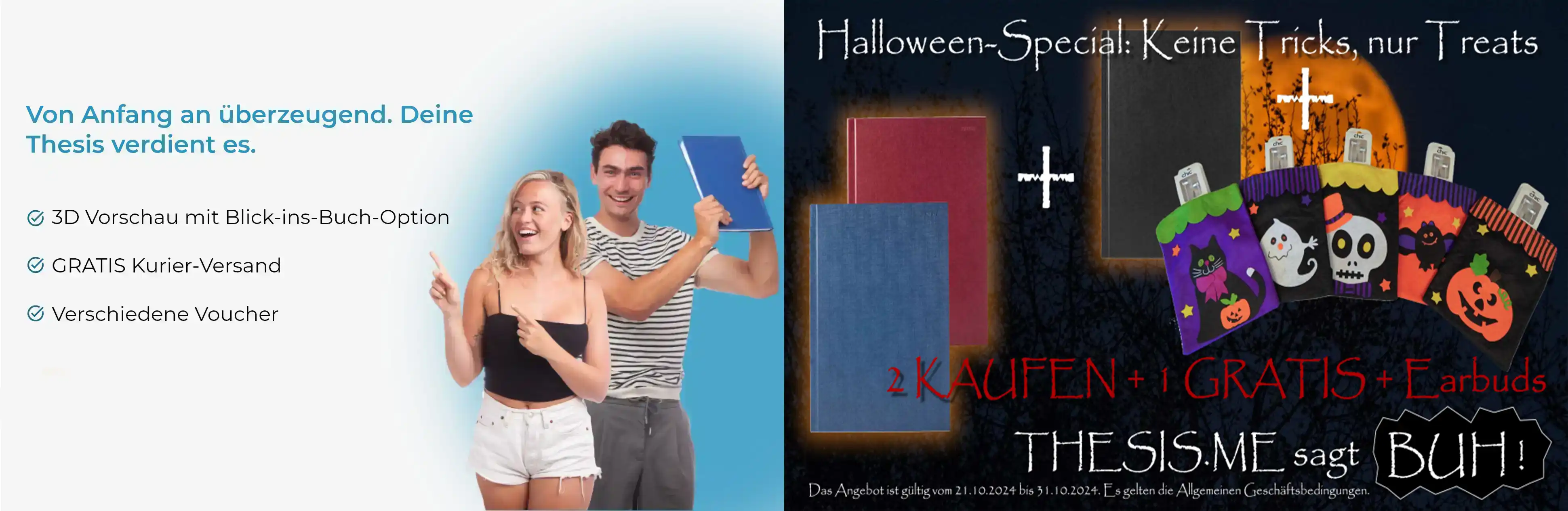 Zwei fröhliche Studierende plus Halloweenaktion.