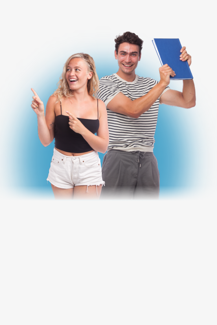 Young woman pointing with her hands to the right and young man holding up a blue book on left side