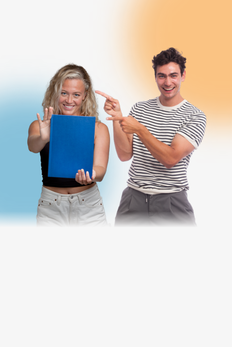 Young woman holding blue hardcover book and young man pointing his hands to the right