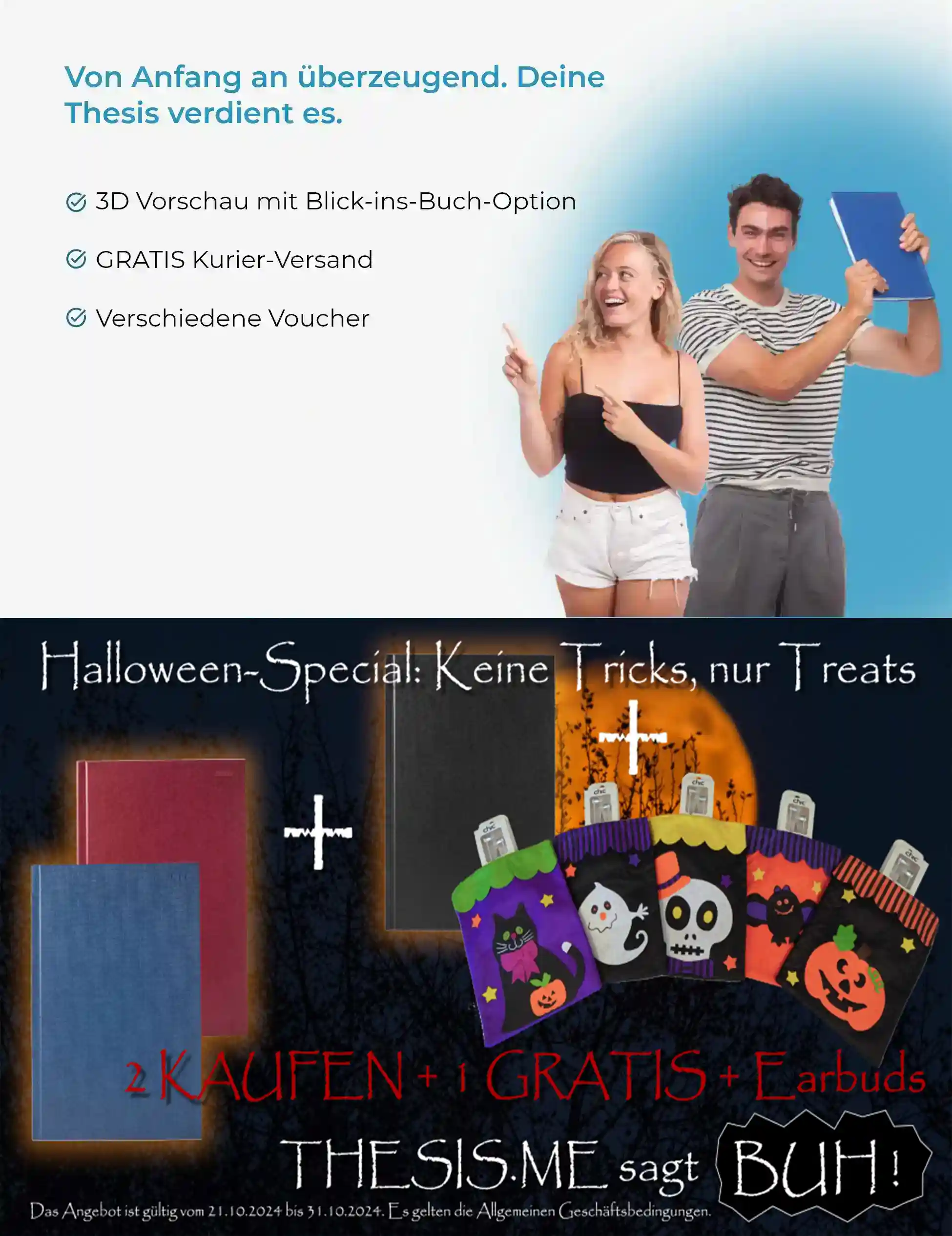 Heitere Studierende und Halloweenangebot.