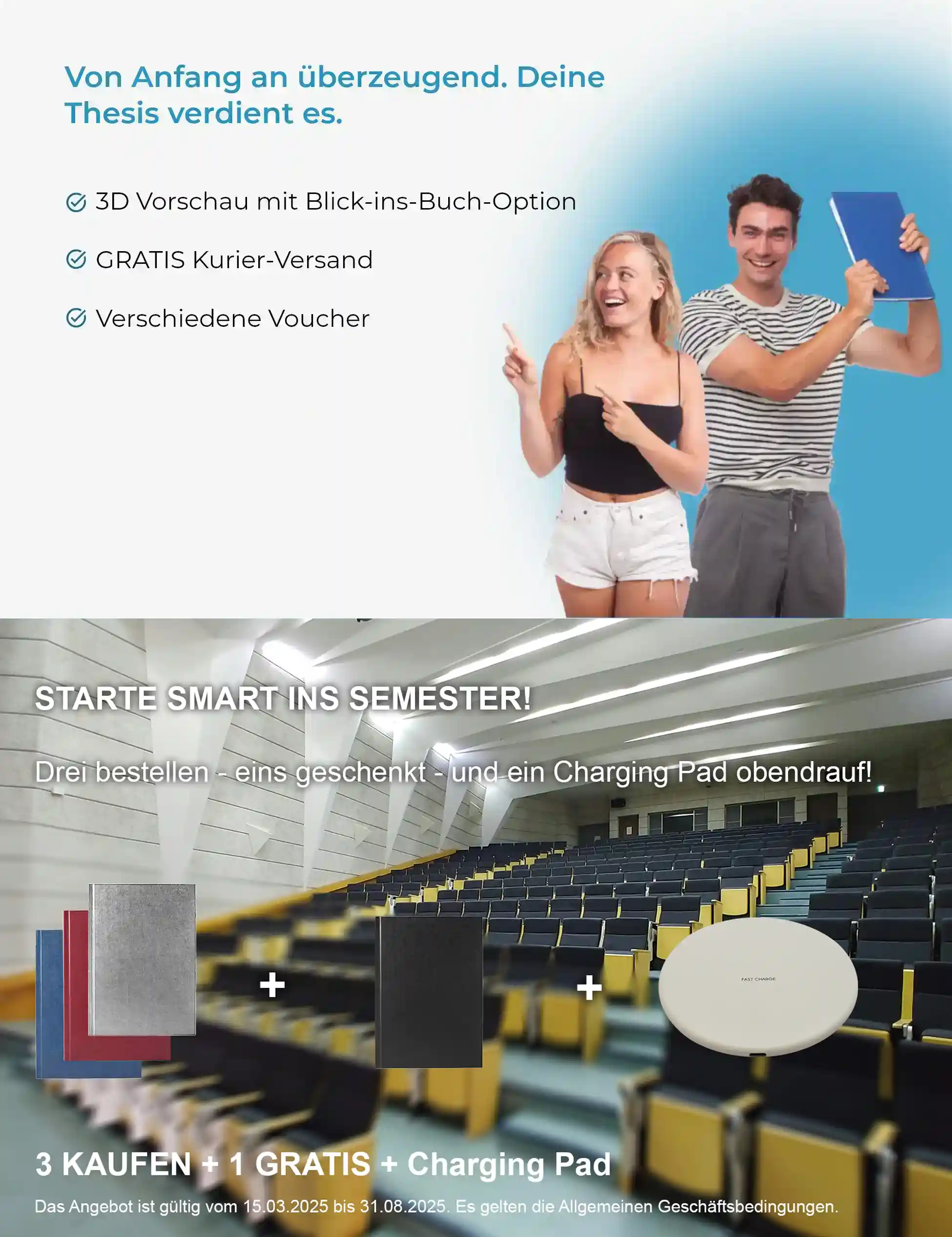 Zwei fröhliche Studierende plus Promotion.